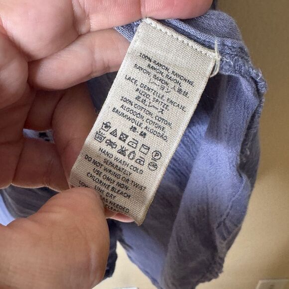 Free People Shirt Women Medium Blue Crochet Lace Inset Katie Bird Button Up Boho - Picture 6 of 12